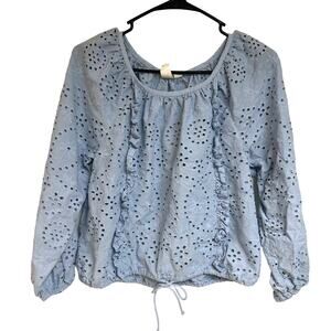 Joie Blue Eyelet Ruffle Cropped Waist Peasant Cottage Core Blouse Top Boho Small